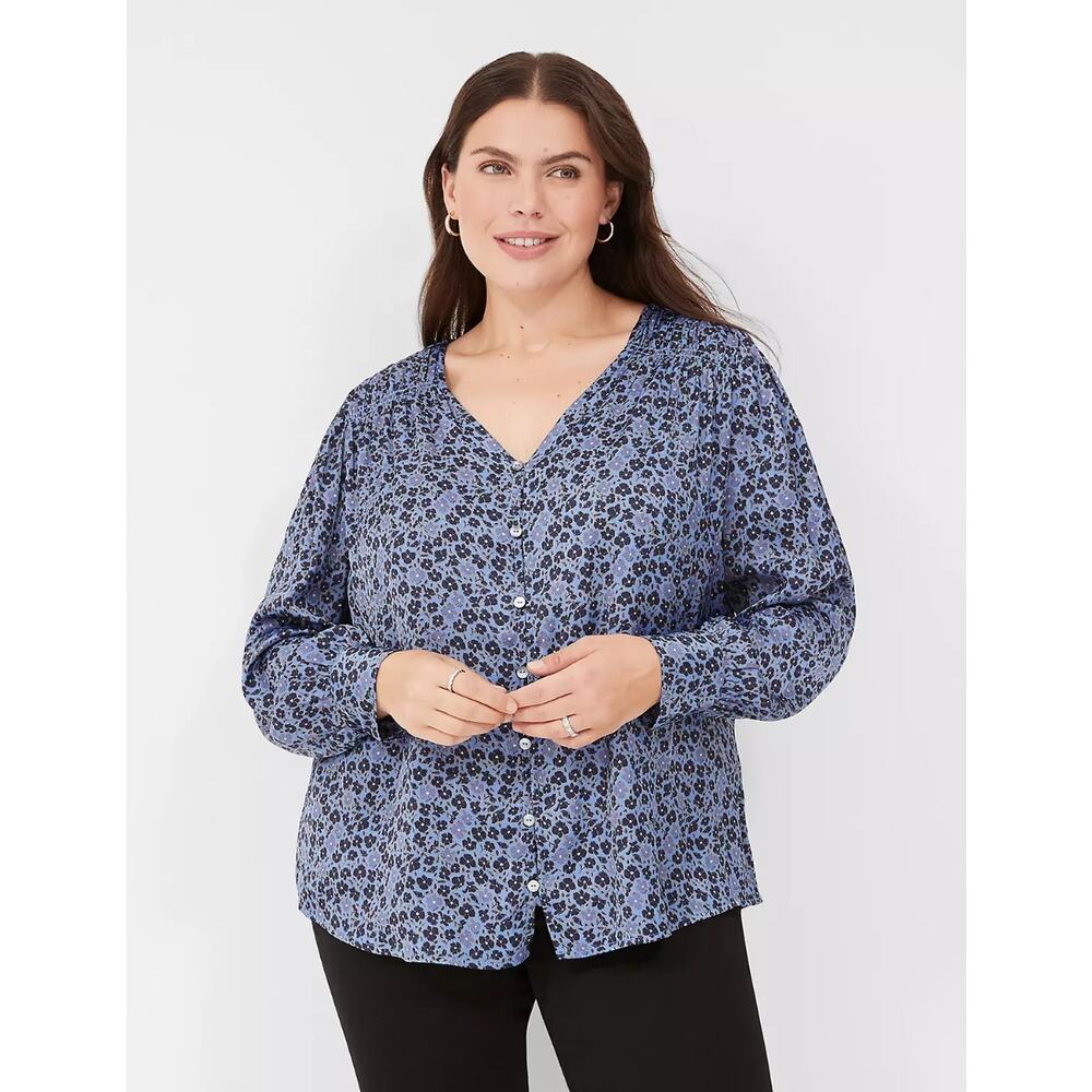 Lane Bryant Womens Ruched Button Front Knit Woven‎ Blouse Plus Size 14/16 Blue